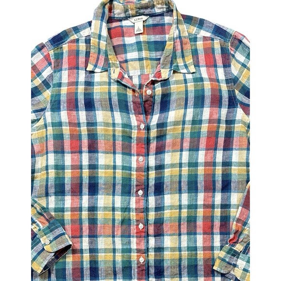 LL Bean Men’s Long Sleeve Orange Teal Plaid Flannel Button Down Size Large - Picture 2 of 4
